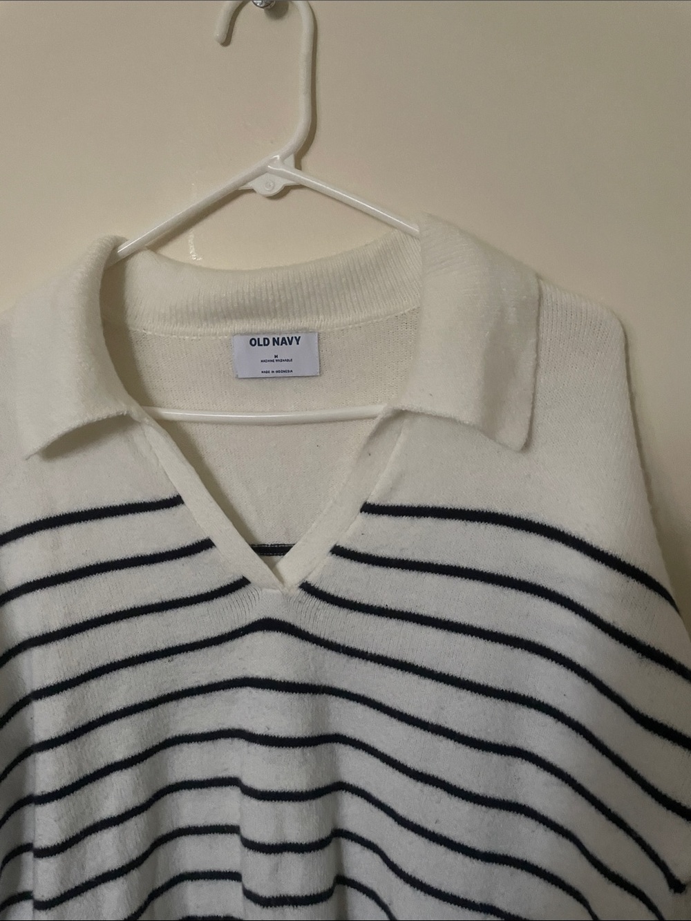 Old Navy Cream V-Neck Collared Sweater with Navy Stripes